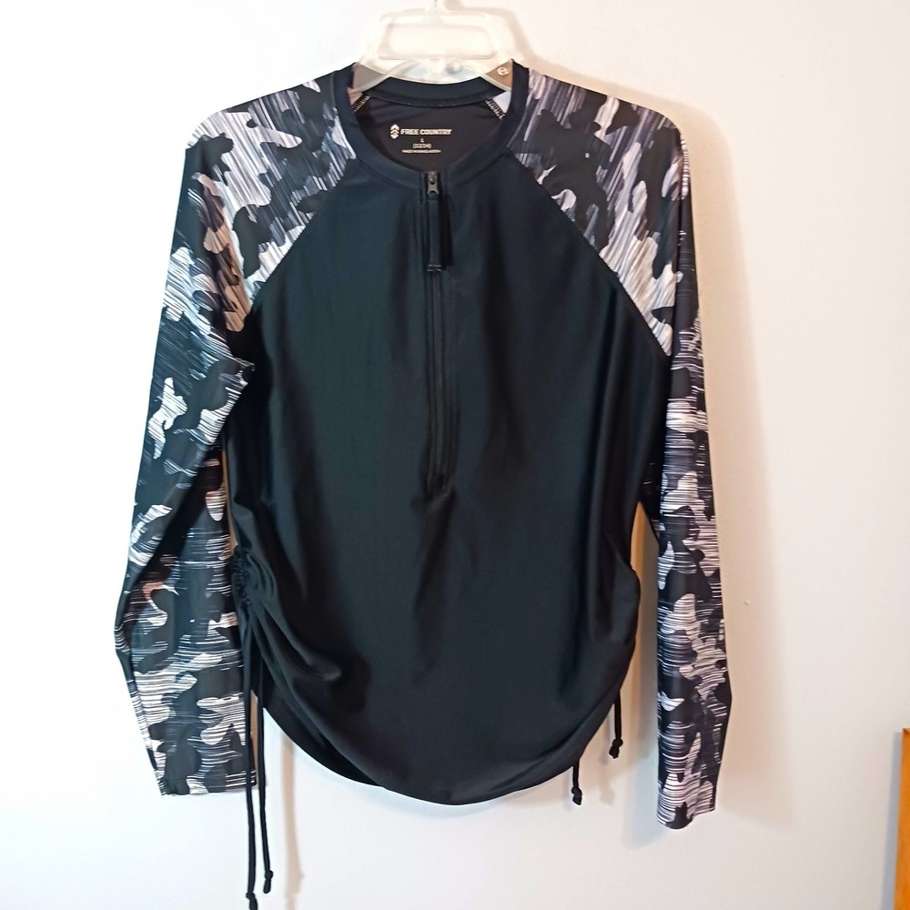 Free Country Women's Long Sleeve Half Zip Camo Swim Top Black/Gray L 12/14